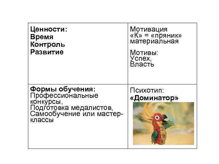 Ценности: Время Контроль Развитие Мотивация «К» = «пряник» материальная Мотивы: Успех, Власть Формы обучения: