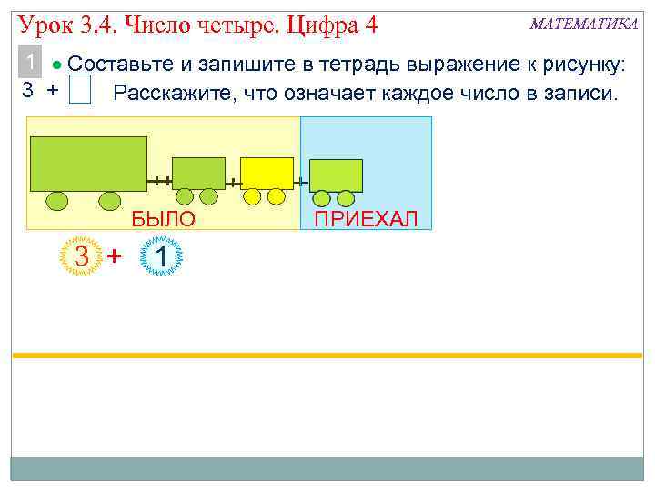 Урок 3. 4. Число четыре. Цифра 4 МАТЕМАТИКА 1 Составьте и запишите в тетрадь