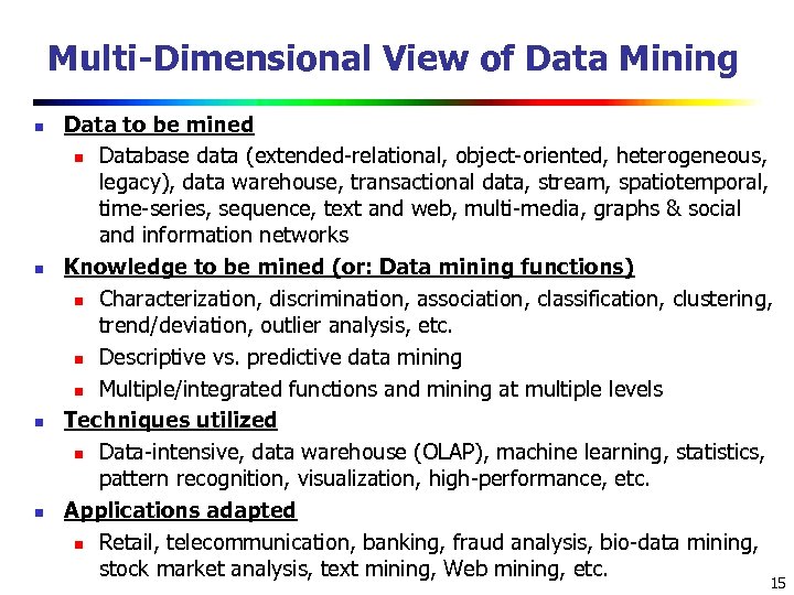 Multi-Dimensional View of Data Mining n n Data to be mined n Database data