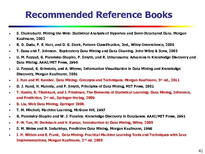 Recommended Reference Books n S. Chakrabarti. Mining the Web: Statistical Analysis of Hypertex and