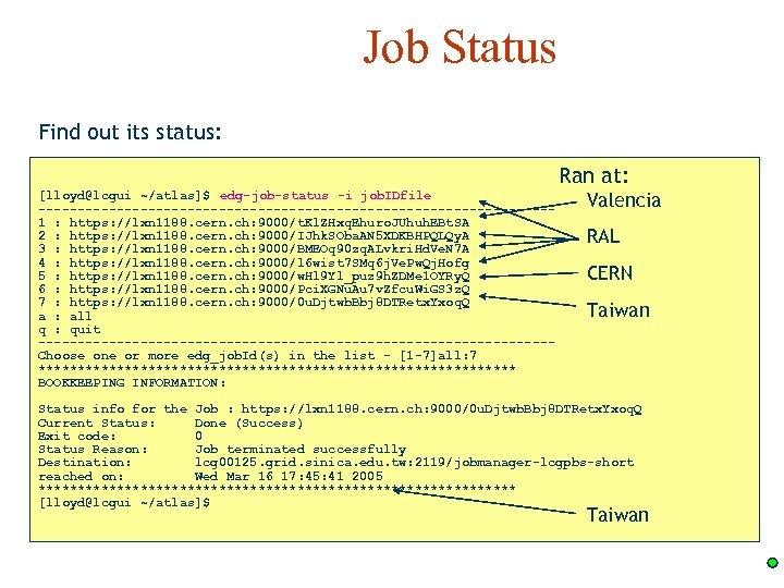 Job Status Find out its status: Ran at: [lloyd@lcgui ~/atlas]$ edg-job-status -i job. IDfile