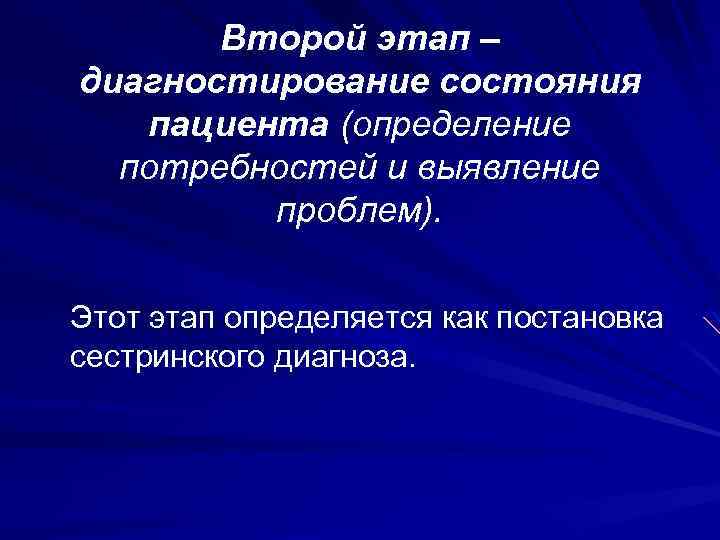 Второй этап – диагностирование состояния пациента (определение потребностей и выявление проблем). Этот этап определяется