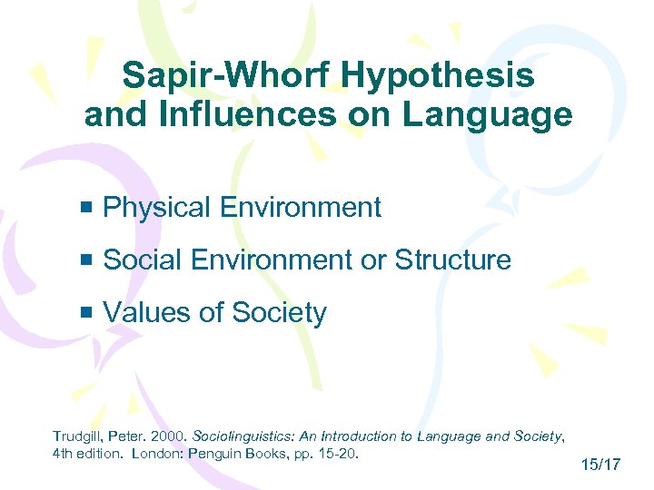 Sapir-Whorf Hypothesis and Influences on Language Physical Environment Social Environment or Structure Values of
