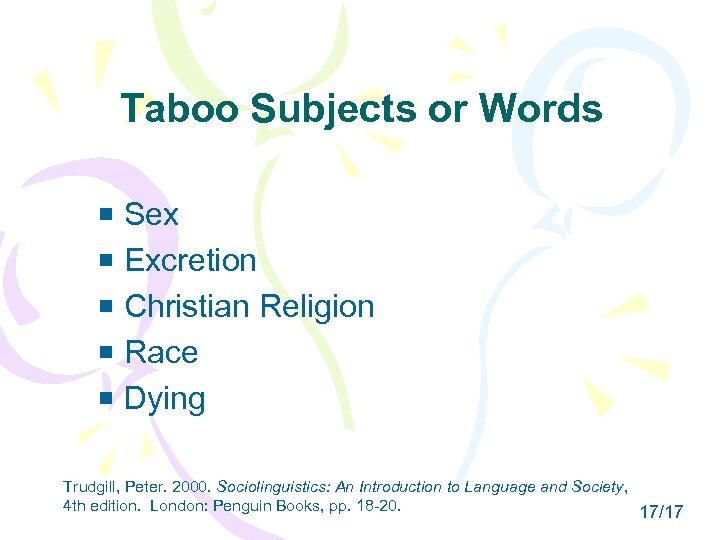Taboo Subjects or Words Sex Excretion Christian Religion Race Dying Trudgill, Peter. 2000. Sociolinguistics: