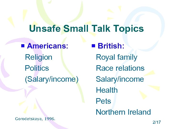 Unsafe Small Talk Topics Americans: Religion Politics (Salary/income) Gorodetskaya, 1996. British: Royal family Race