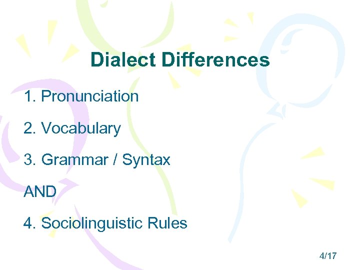Dialect Differences 1. Pronunciation 2. Vocabulary 3. Grammar / Syntax AND 4. Sociolinguistic Rules