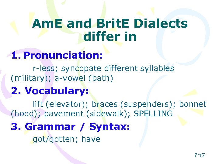 Am. E and Brit. E Dialects differ in 1. Pronunciation: r-less; syncopate different syllables