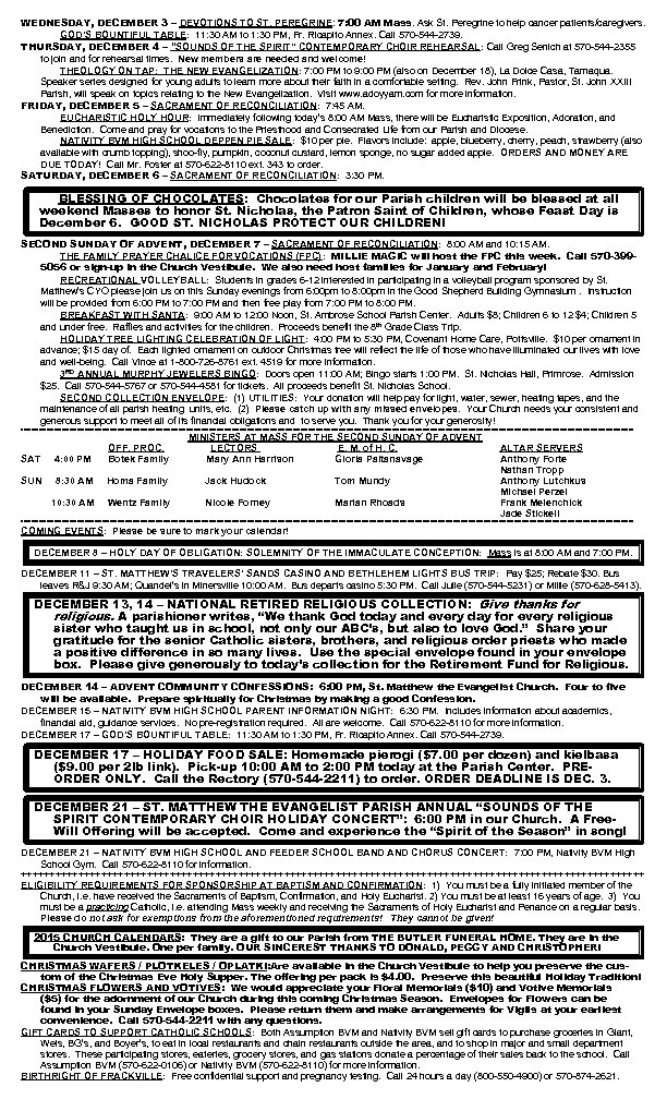 WEDNESDAY, DECEMBER 3 – DEVOTIONS TO ST. PEREGRINE: 7: 00 AM Mass. Ask St.