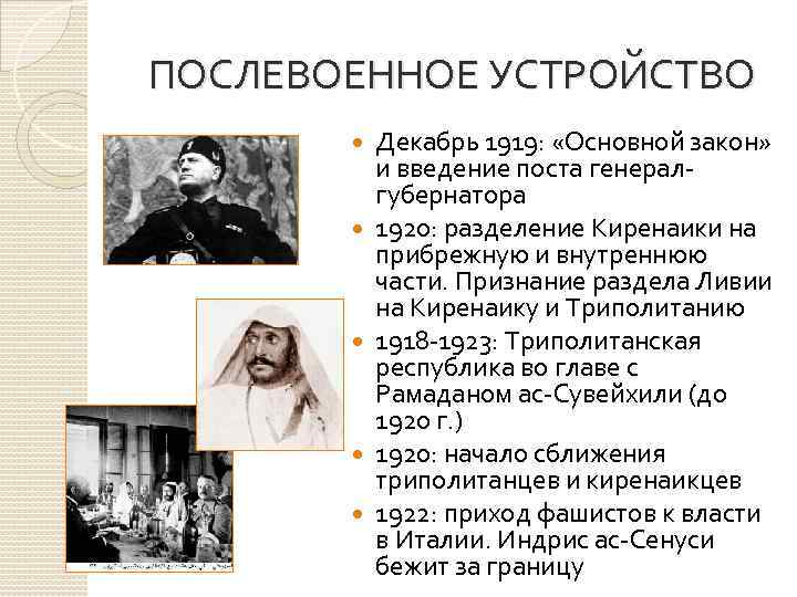 ПОСЛЕВОЕННОЕ УСТРОЙСТВО Декабрь 1919: «Основной закон» и введение поста генералгубернатора 1920: разделение Киренаики на