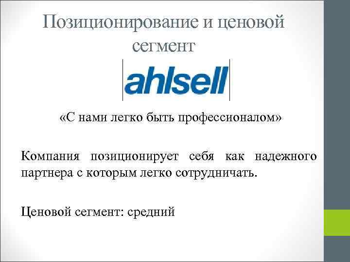 Позиционирование и ценовой сегмент «С нами легко быть профессионалом» Компания позиционирует себя как надежного