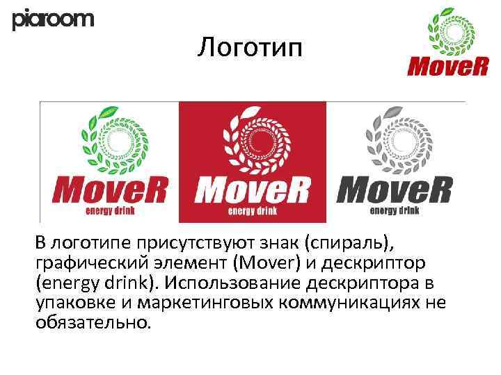 Логотип В логотипе присутствуют знак (спираль), графический элемент (Mover) и дескриптор (energy drink). Использование