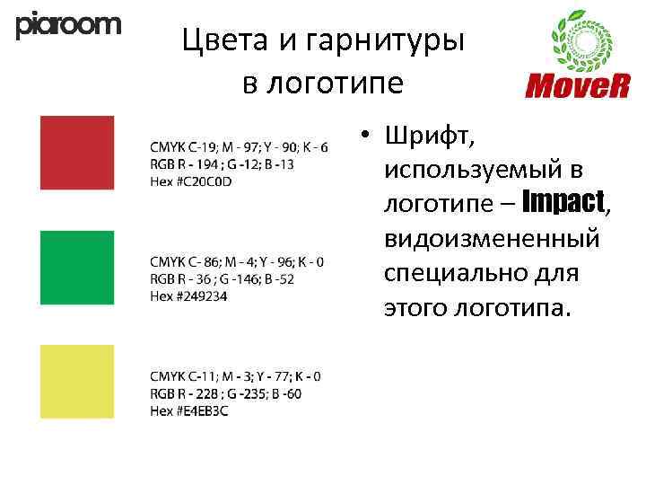 Цвета и гарнитуры в логотипе • Шрифт, используемый в логотипе – Impact, видоизмененный специально