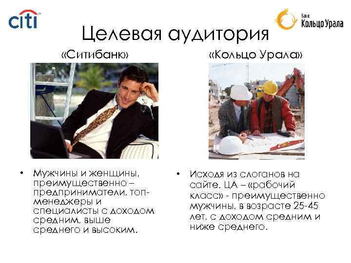 Целевая аудитория «Ситибанк» • Мужчины и женщины, преимущественно – предприниматели, топменеджеры и специалисты с