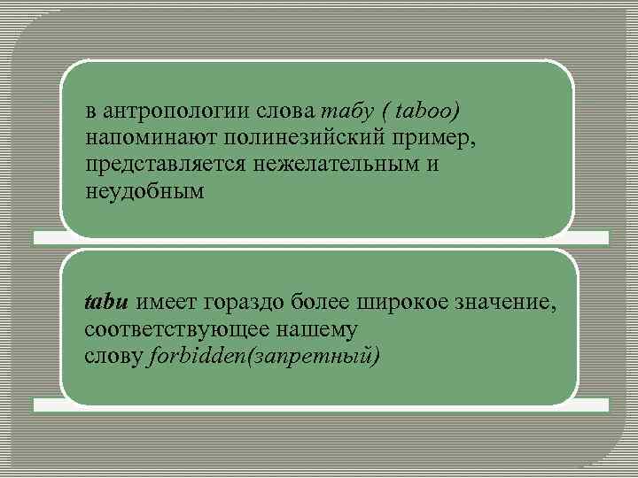 в антропологии слова табу ( taboo) напоминают полинезийский пример, представляется нежелательным и неудобным tabu