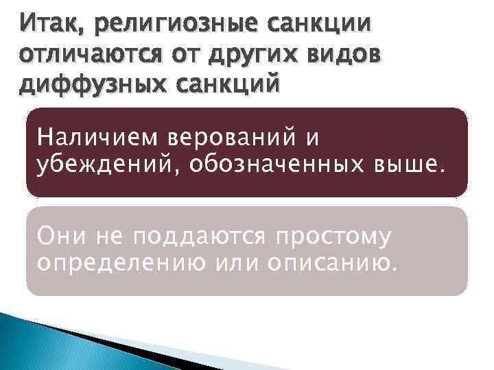 Итак, религиозные санкции отличаются от других видов диффузных санкций Наличием верований и убеждений, обозначенных