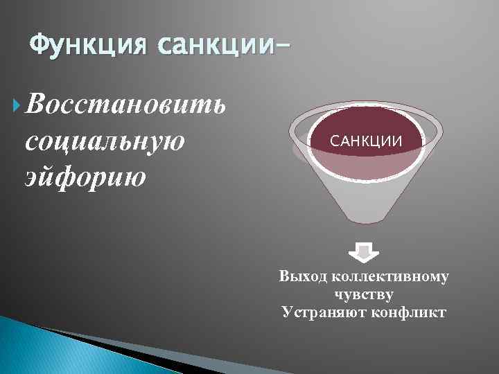 Функция санкции Восстановить социальную эйфорию САНКЦИИ Выход коллективному чувству Устраняют конфликт 