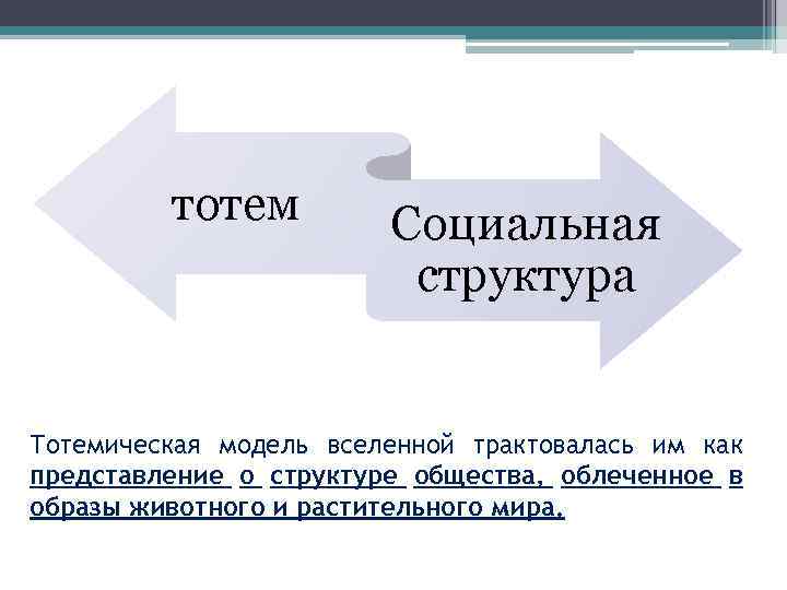 тотем Социальная структура Тотемическая модель вселенной трактовалась им как представление о структуре общества, облеченное