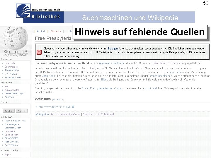 50 Suchmaschinen und Wikipedia Hinweis auf fehlende Quellen 