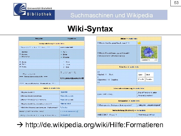 53 Suchmaschinen und Wikipedia Wiki-Syntax http: //de. wikipedia. org/wiki/Hilfe: Formatieren 