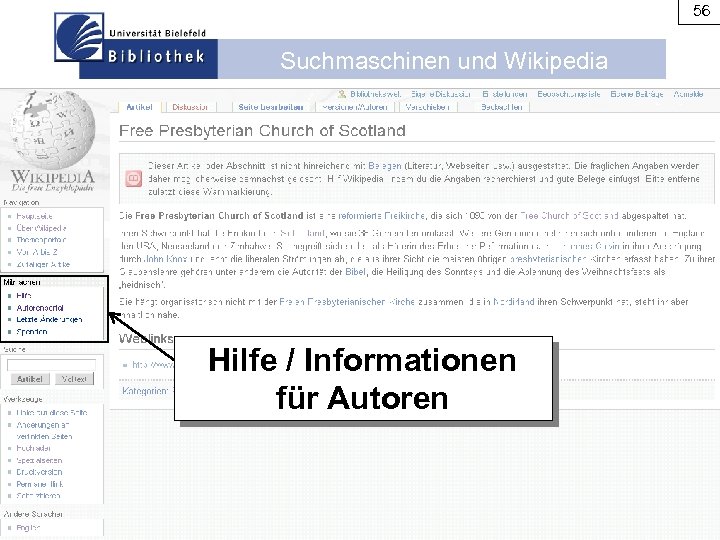 56 Suchmaschinen und Wikipedia Hilfe / Informationen für Autoren 