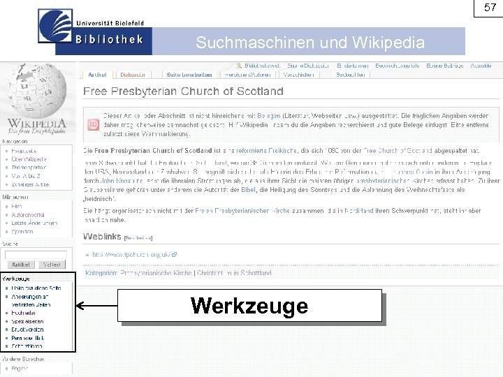 57 Suchmaschinen und Wikipedia Werkzeuge 