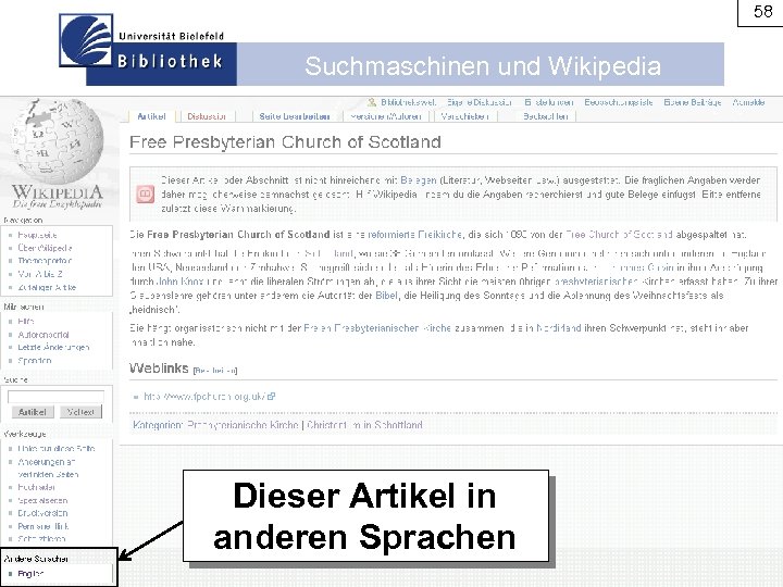 58 Suchmaschinen und Wikipedia Dieser Artikel in anderen Sprachen 