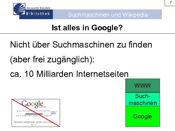 7 Suchmaschinen und Wikipedia Ist alles in Google? Nicht über Suchmaschinen zu finden (aber