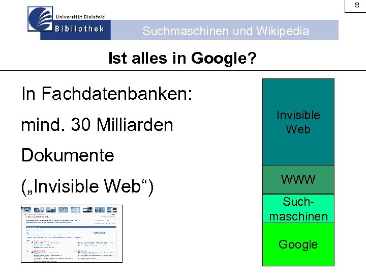8 Suchmaschinen und Wikipedia Ist alles in Google? In Fachdatenbanken: mind. 30 Milliarden Invisible