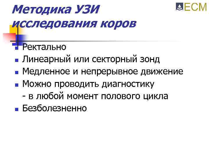Методика УЗИ исследования коров n n n Ректально Линеарный или секторный зонд Медленное и