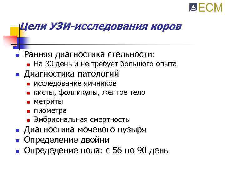 Цели УЗИ-исследования коров n Ранняя диагностика стельности: n n Диагностика патологий n n n