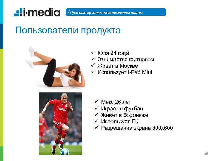 / Целевые группы с человеческим лицом Пользователи продукта ü ü Юля 24 года Занимается