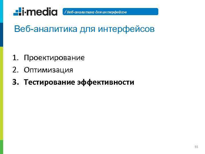 / Веб-аналитика для интерфейсов 1. Проектирование 2. Оптимизация 3. Тестирование эффективности 55 
