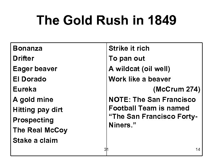 The Gold Rush in 1849 Bonanza Drifter Eager beaver El Dorado Eureka A gold