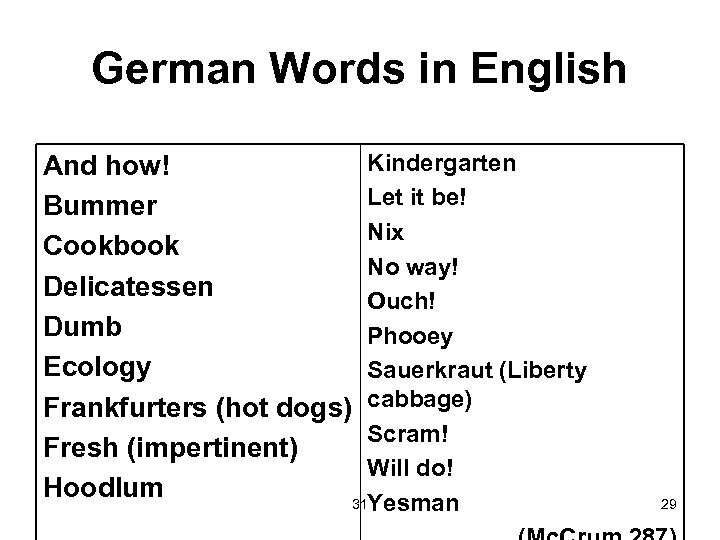 German Words in English Kindergarten And how! Let it be! Bummer Nix Cookbook No