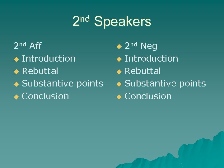 2 nd Speakers 2 nd Aff u Introduction u Rebuttal u Substantive points u