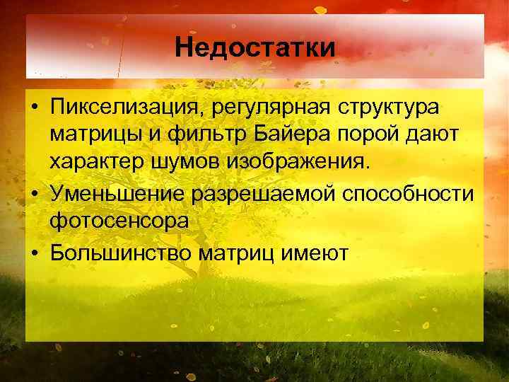 Недостатки • Пикселизация, регулярная структура матрицы и фильтр Байера порой дают характер шумов изображения.