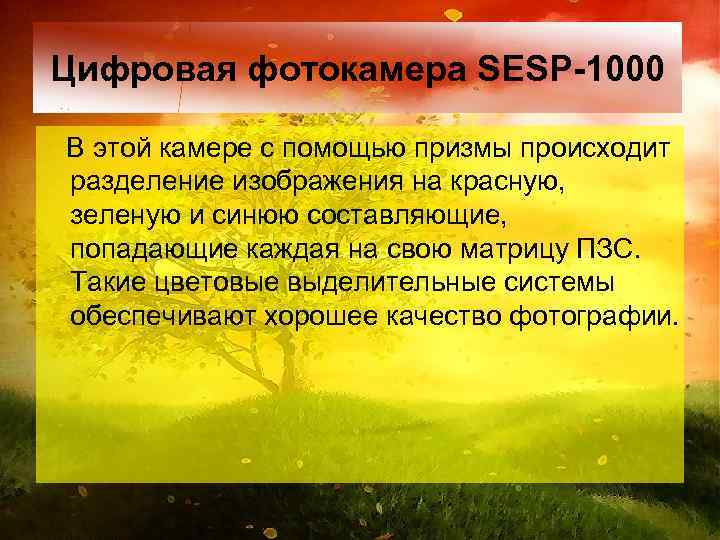 Цифровая фотокамера SESP-1000 В этой камере с помощью призмы происходит разделение изображения на красную,