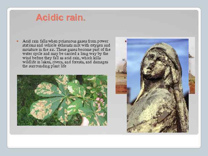 Acidic rain. Acid rain falls when poisonous gases from power stations and vehicle exhausts