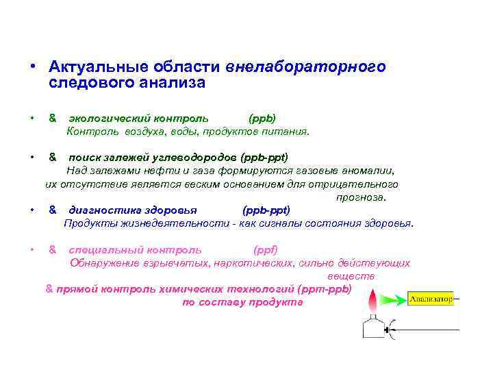  • Актуальные области внелабораторного следового анализа • & экологический контроль (ppb) Контроль воздуха,
