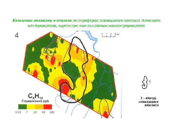 Кольцевые аномалии о-ксилола по периферии газоводяного контакта Атовского месторождения, зарегистри-ные пассивным концентрированием 1 –