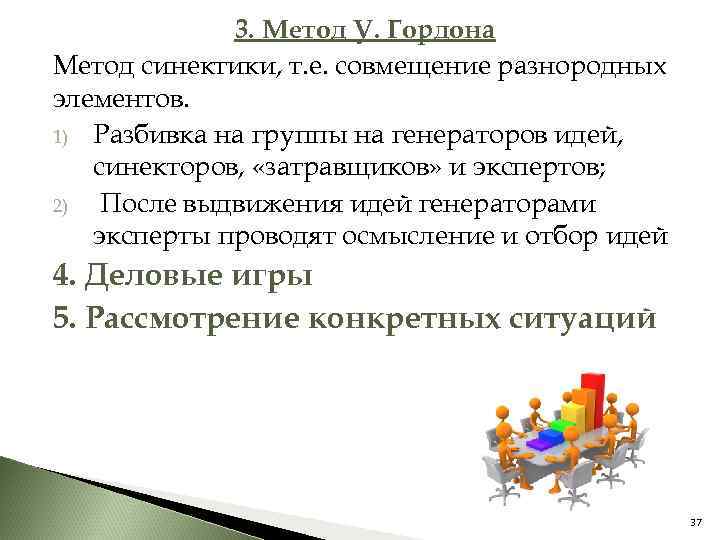 3. Метод У. Гордона Метод синектики, т. е. совмещение разнородных элементов. 1) Разбивка на