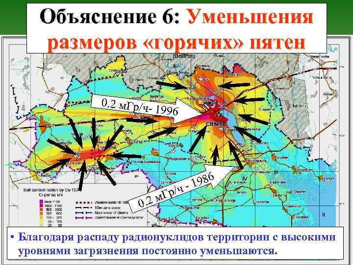 Объяснение 6: Уменьшения размеров «горячих» пятен 0. 2 м. Гр/ч- 1996 м. Гр 0.