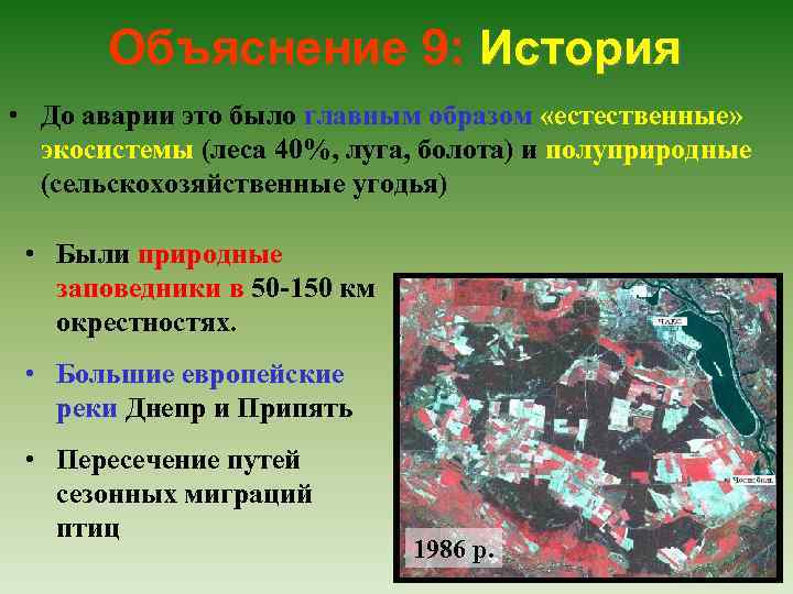 Объяснение 9: История • До аварии это было главным образом «естественные» экосистемы (леса 40%,