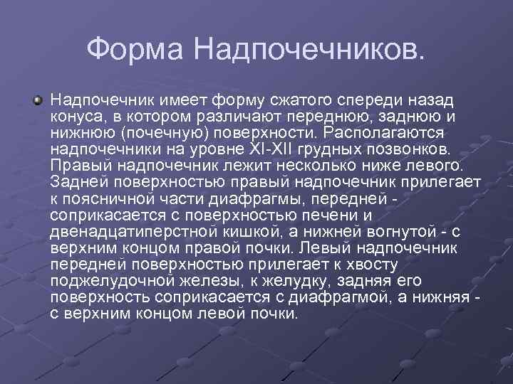 Форма Надпочечников. Надпочечник имеет форму сжатого спереди назад конуса, в котором различают переднюю, заднюю