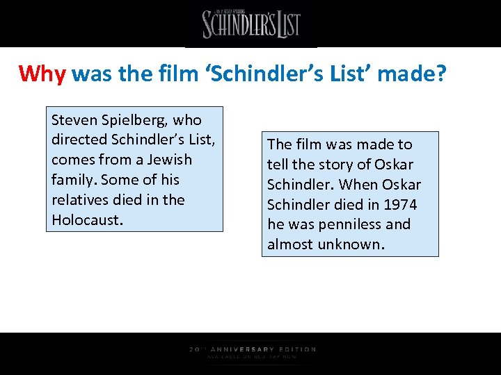 Why was the film ‘Schindler’s List’ made? Steven Spielberg, who directed Schindler’s List, comes