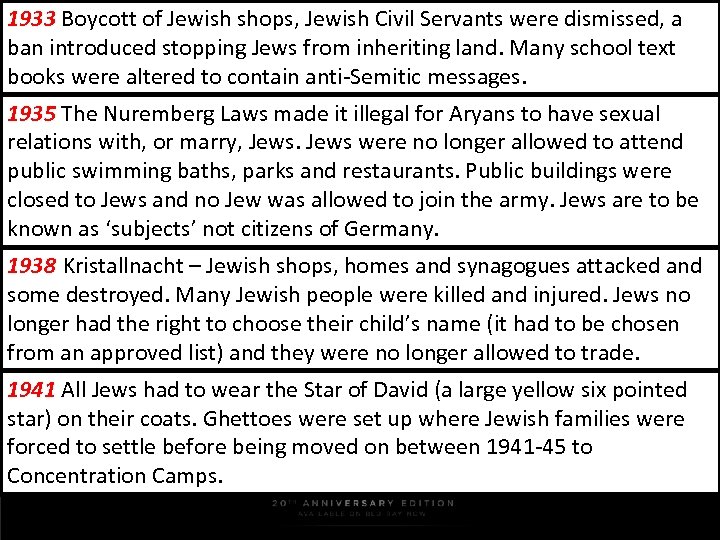 1933 Boycott of Jewish shops, Jewish Civil Servants were dismissed, a ban introduced stopping