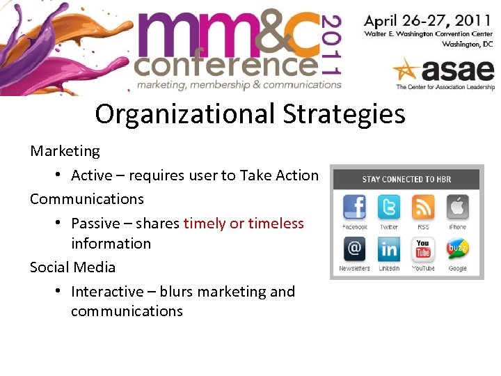 Organizational Strategies Marketing • Active – requires user to Take Action Communications • Passive