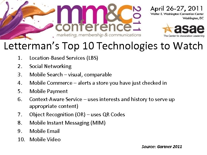 Letterman’s Top 10 Technologies to Watch 1. 2. 3. 4. 5. 6. Location-Based Services
