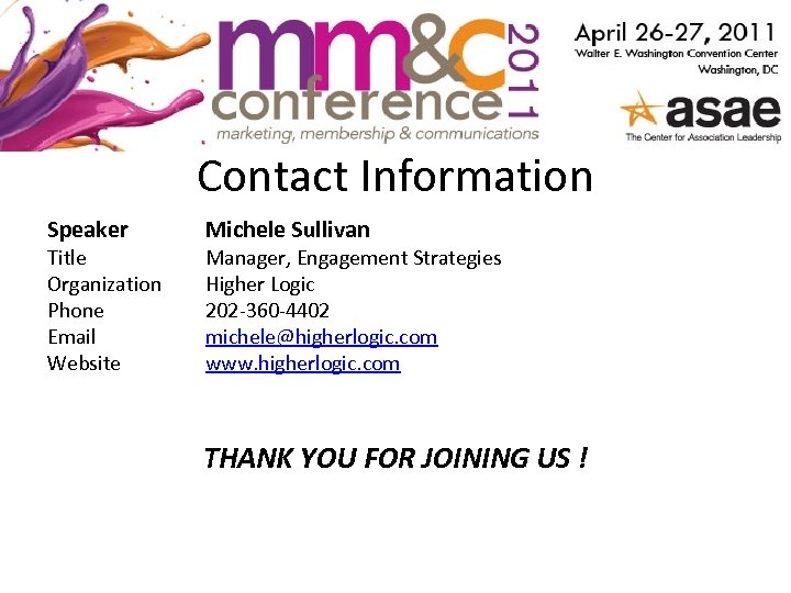 Contact Information Speaker Title Organization Phone Email Website Michele Sullivan Manager, Engagement Strategies Higher
