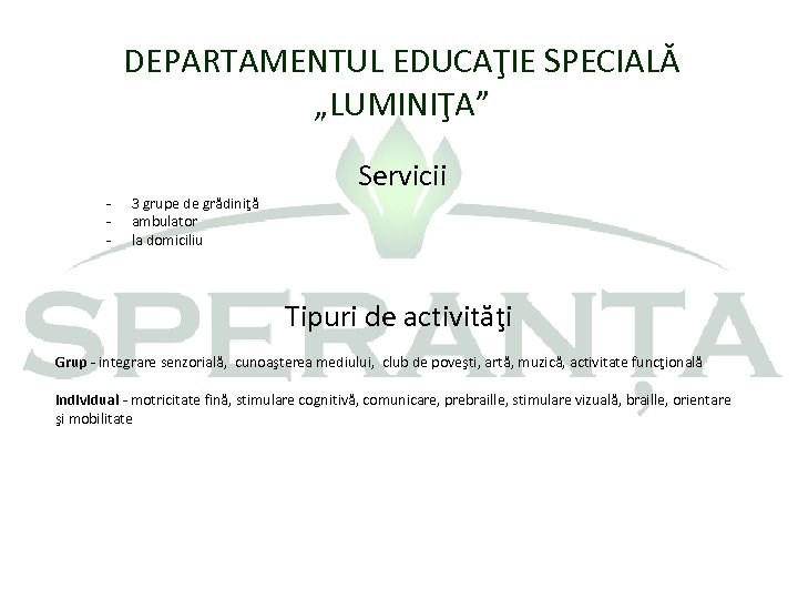 DEPARTAMENTUL EDUCAŢIE SPECIALĂ „LUMINIŢA” - 3 grupe de grădiniţă ambulator la domiciliu Servicii Tipuri